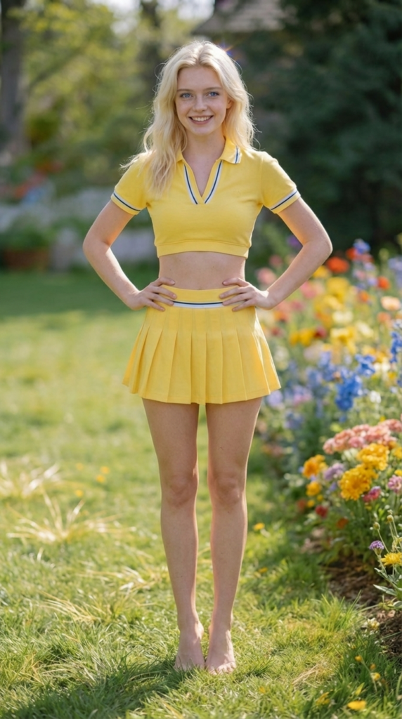 Heidi in yellow skirt-crop top standing on toes in garden-300ppi