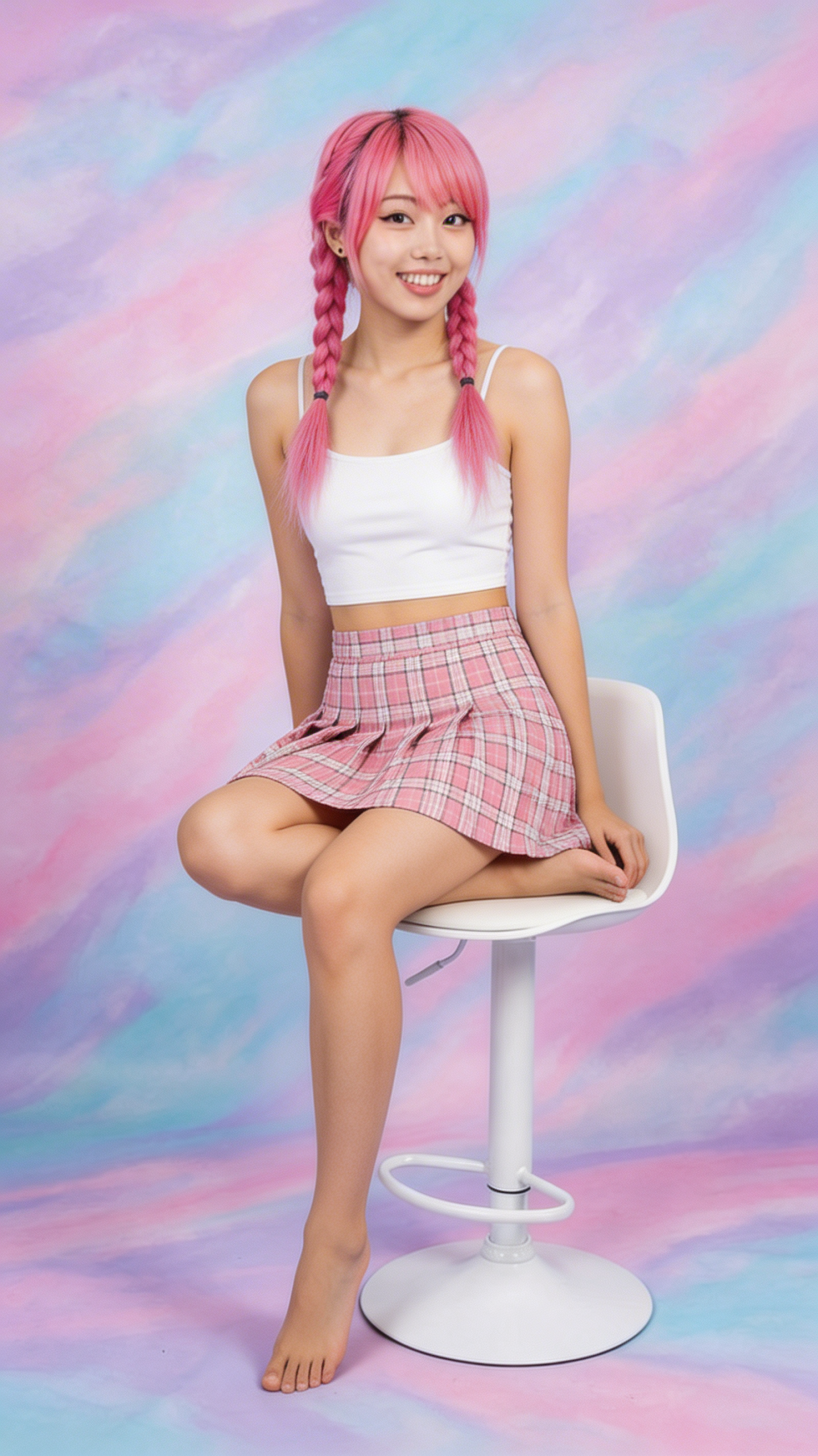Suki in pink and white plaid skirt sititng in stool-One leg under-300ppi